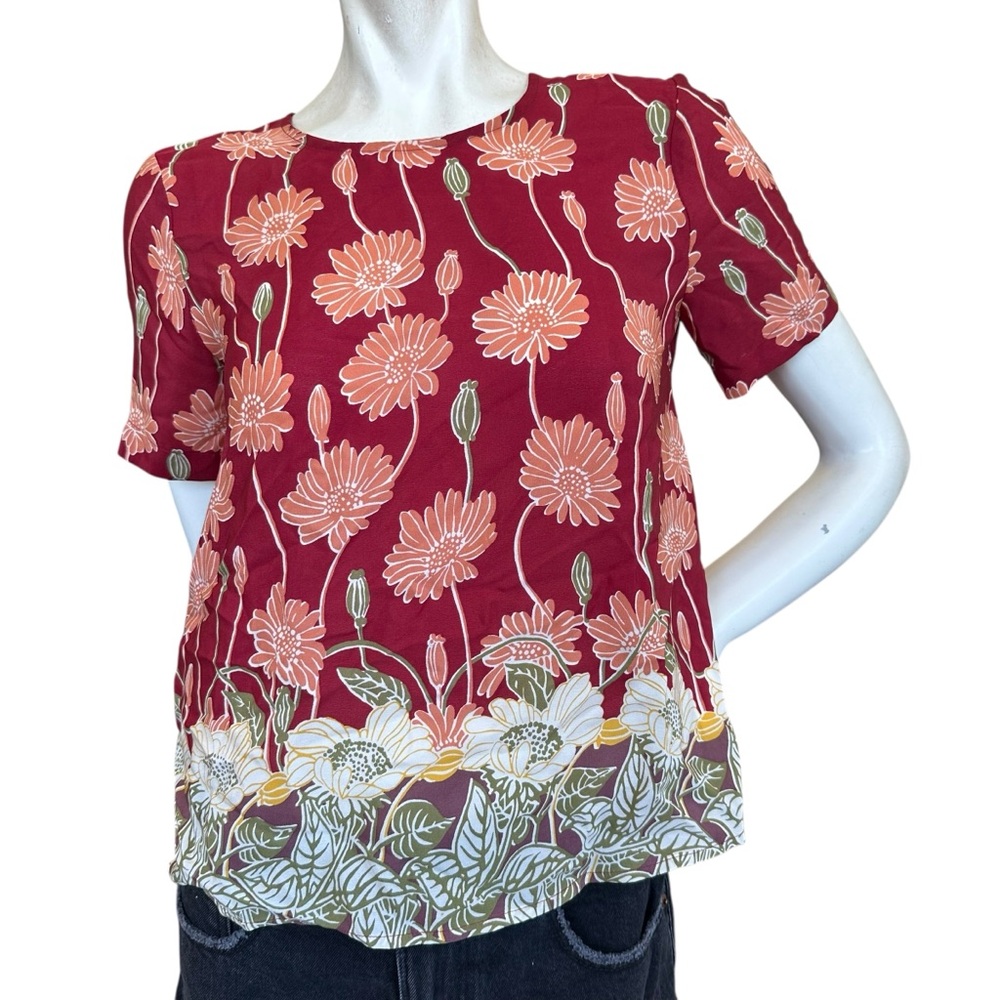 Madewell 100% Silk Short Sleeve Button-Back Pocket Blouse in Tall Sunflowers XS